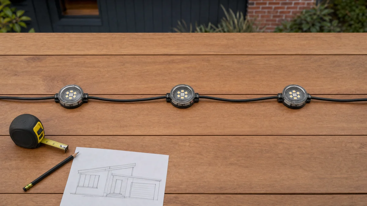 Measuring tape, a route sketch and small wired lights laid out on a table.