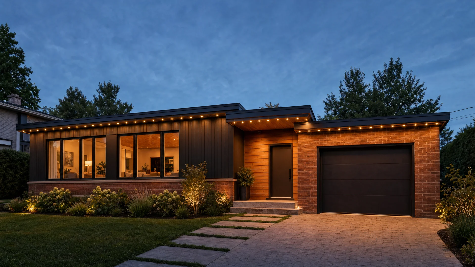 Single-storey brick-and-wood home with closely spaced small lights beneath the roof. Three sections to measure: living room on the left, entrance in the centre and garage on the right.