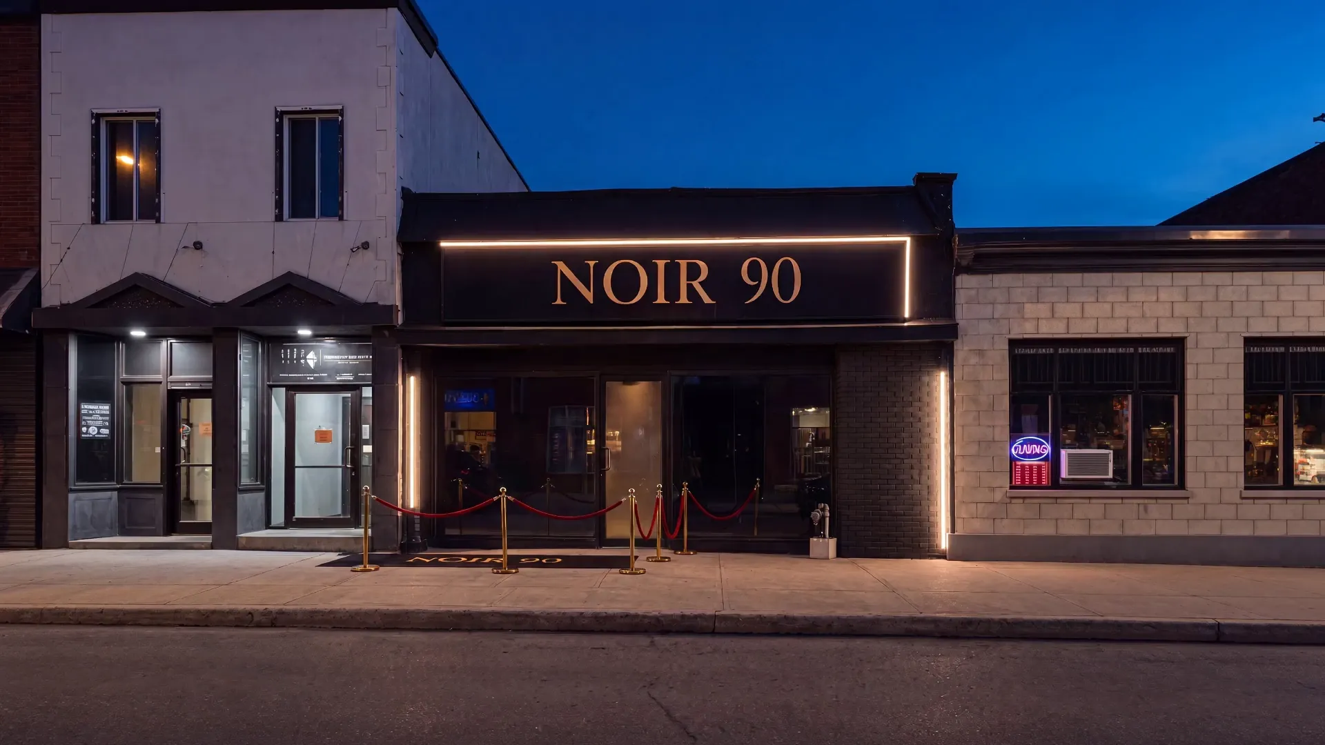 Commercial building facade traced with permanent architectural LED lighting after dark