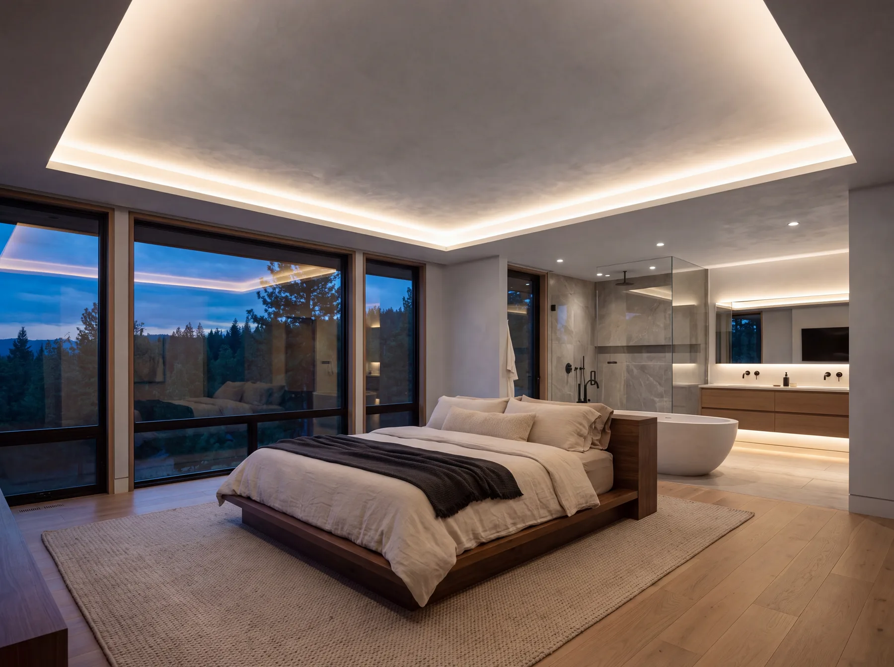 Primary bedroom at dusk with a warm white LED cove around the dropped ceiling, open to an ensuite with a freestanding tub and a glass shower