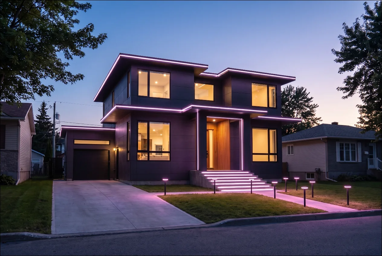 Modern two-storey home at dusk with the roofline, entry columns and front steps lit in magenta, purple path lights along the walkway
