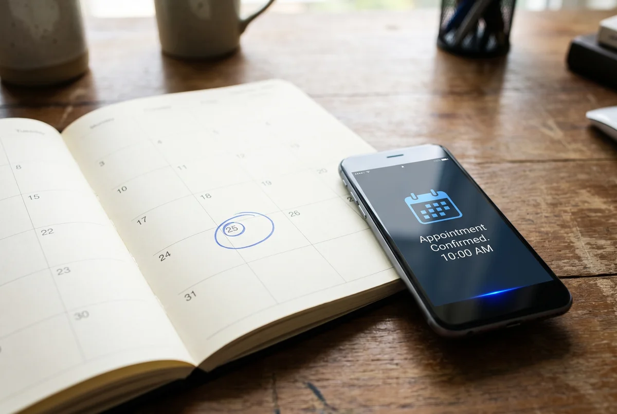 A circled date on a calendar and a confirmed appointment on a phone screen