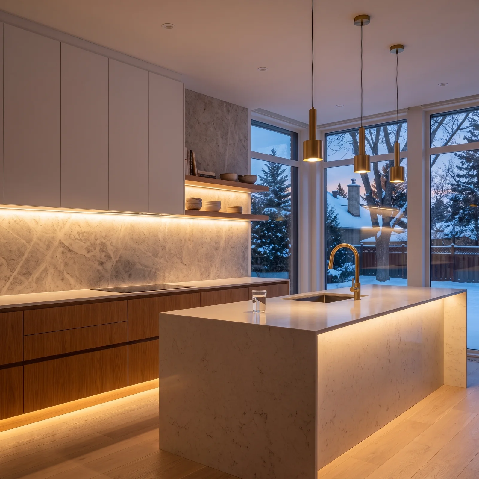 Modern Quebec kitchen with warm-white under-cabinet, toe-kick and island LED lighting at dusk