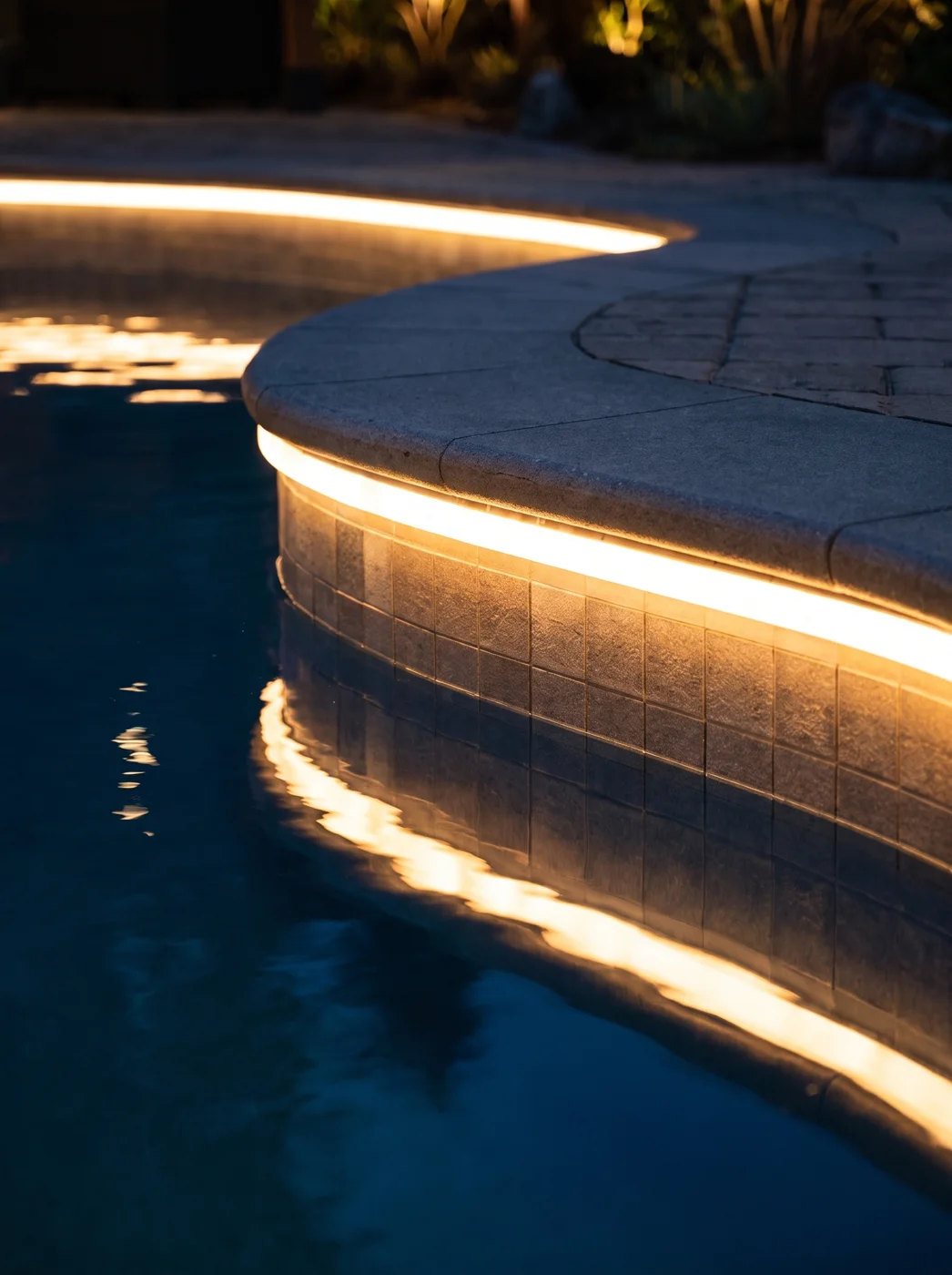 Warm-white LED tracing the curve of a pool's coping edge at night, reflecting in the water below