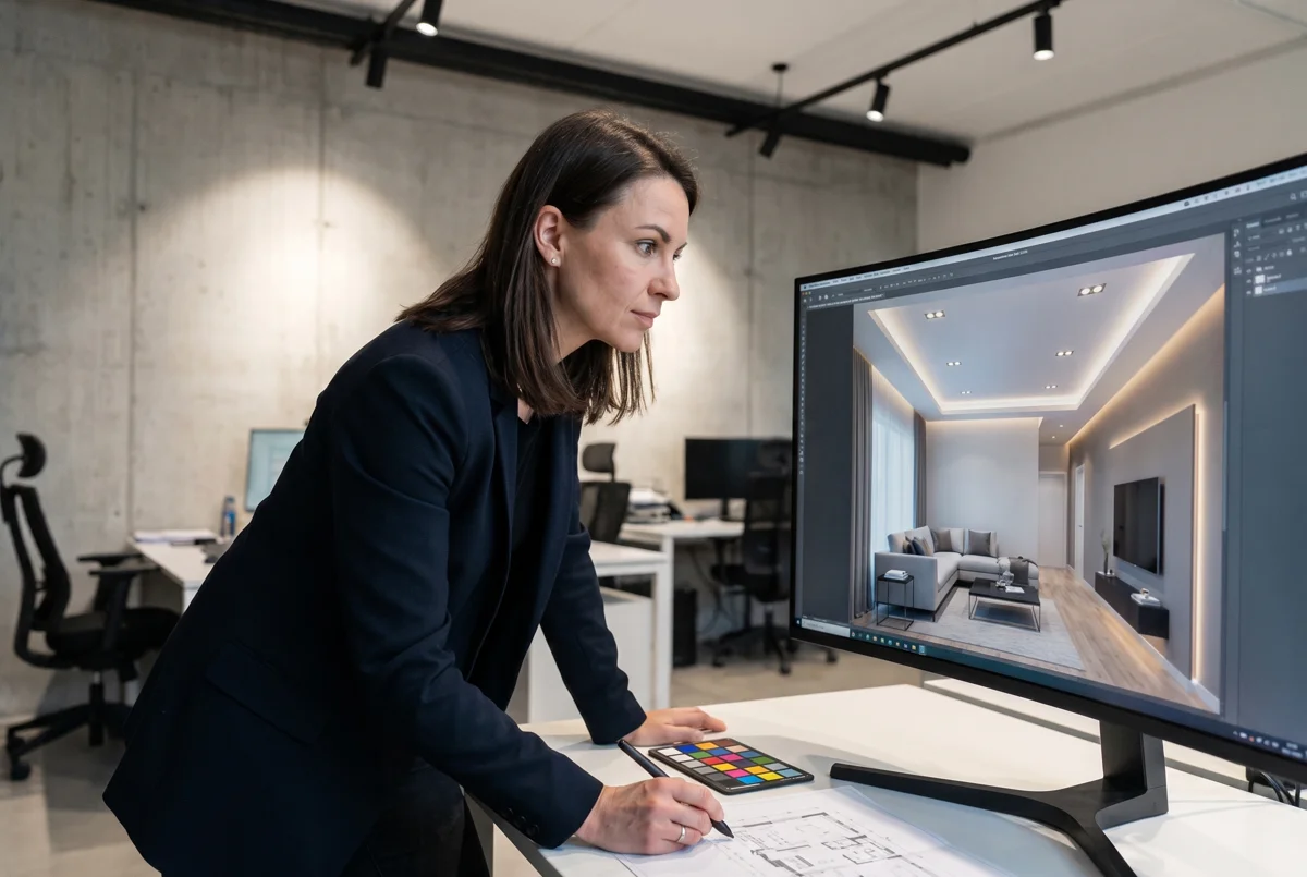 Designer at a large monitor refining a lighting rendering, with a floor plan and a colour swatch card on the desk