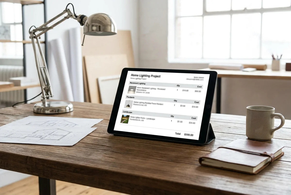 Tablet on a wood table showing a residential lighting quote, beside a hand-drawn elevation of the house
