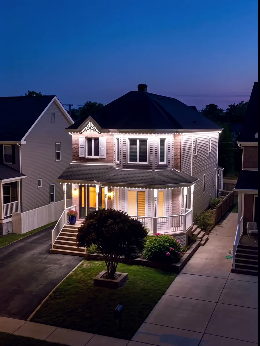 Real Vision Bleu Victorian home at dusk fully outlined in crisp warm-white permanent LED lighting