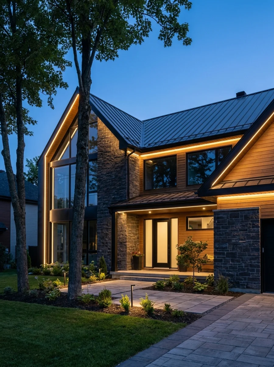Home exterior in warm architectural white — the permanent default, every night