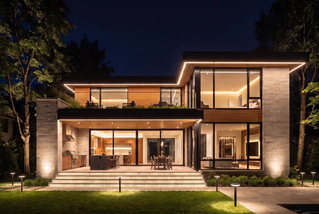 Warm white LED light bars tracing the rooflines and stairs with the interior lit as well