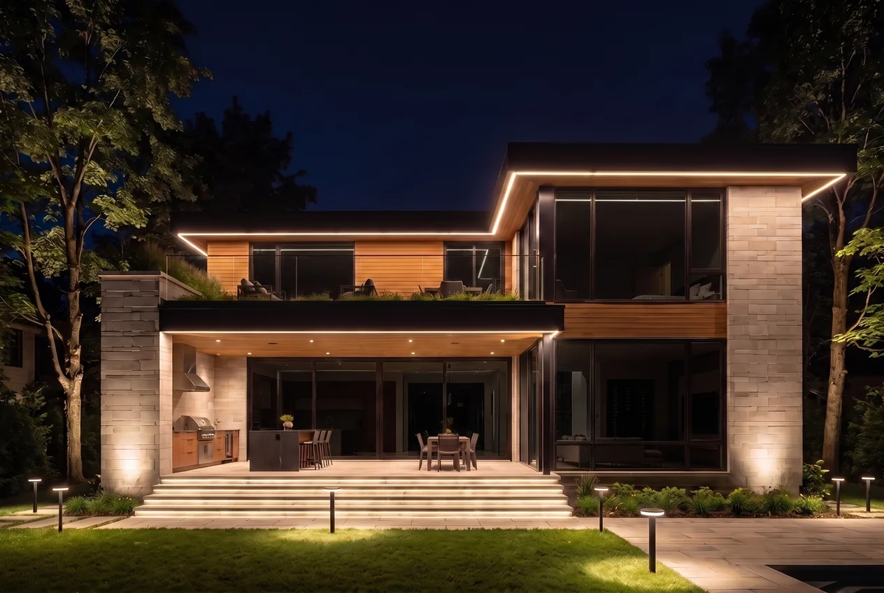 Warm white LED light bars tracing the rooflines, soffits and stair treads, interior dark