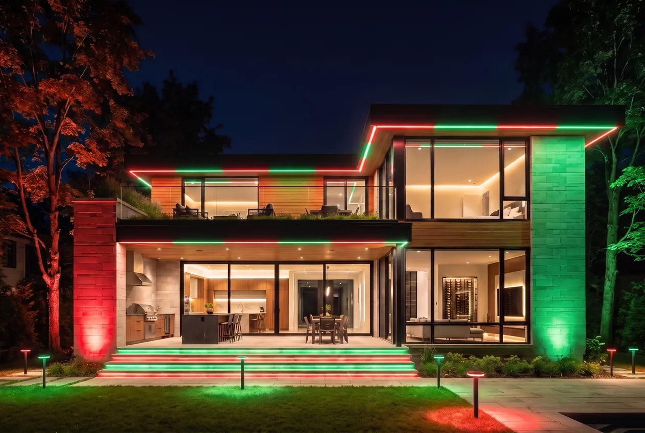 Red and green holiday lighting outside with the interior lit warm