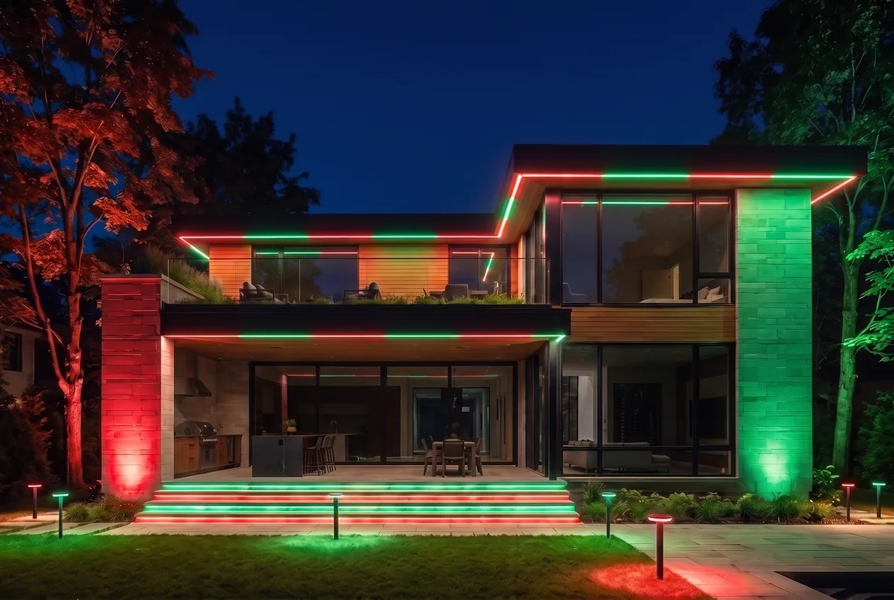 The same light bars running red and green holiday colours, interior dark