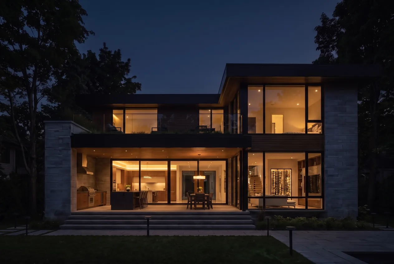 The same home at night with only the interior lights on, glowing warmly through large windows