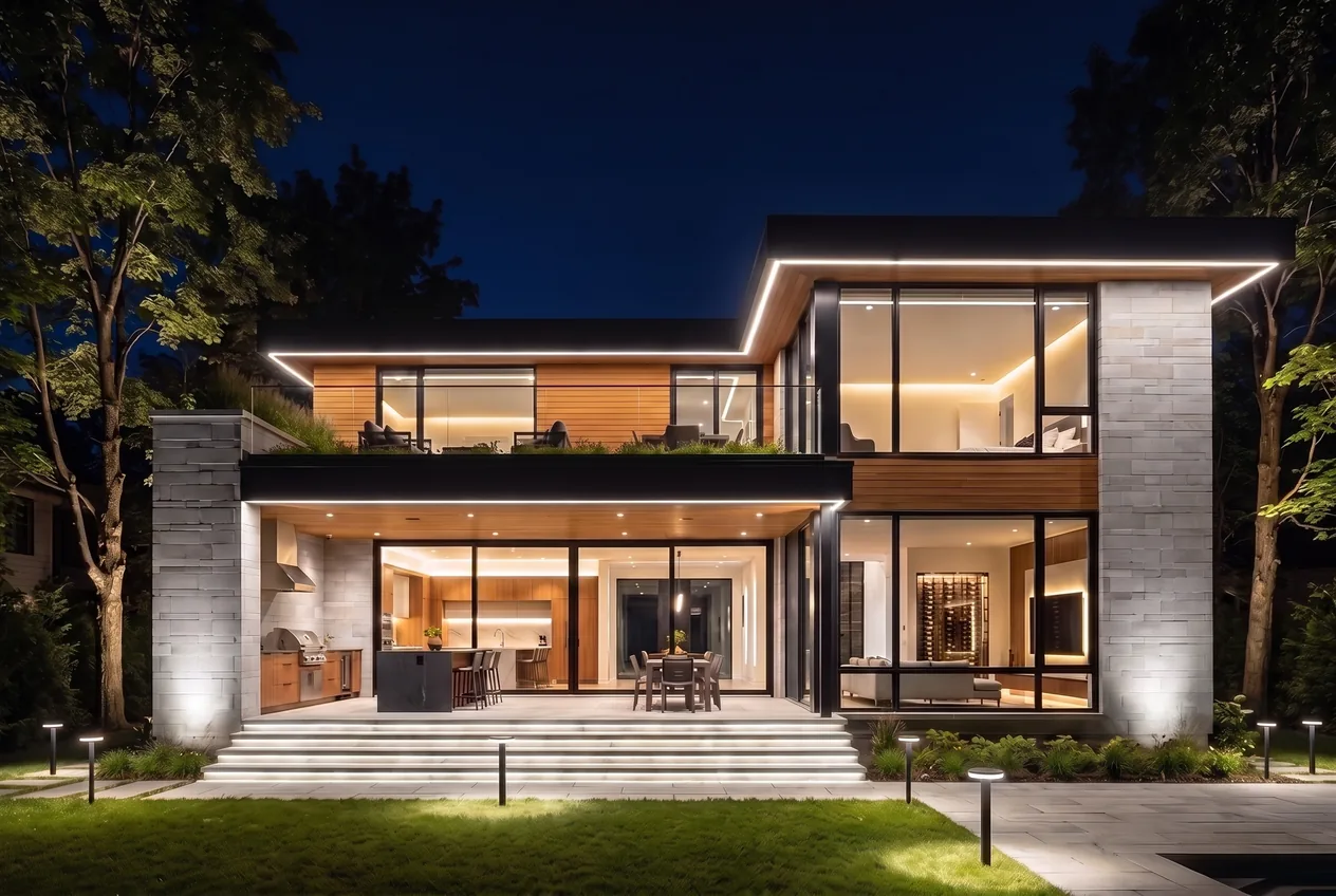 Bright neutral white security lighting outside with the interior lit warm