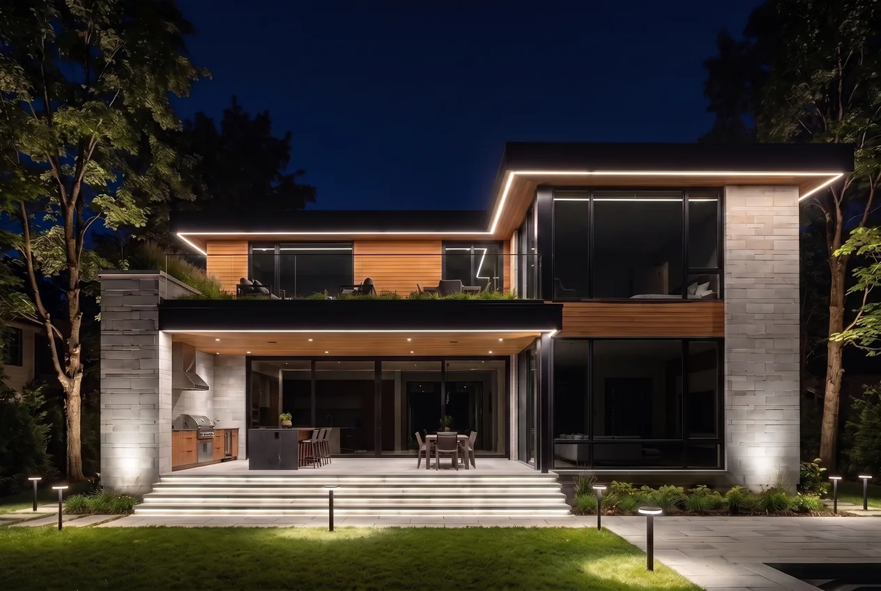 The same lighting switched to bright neutral white security mode, interior dark