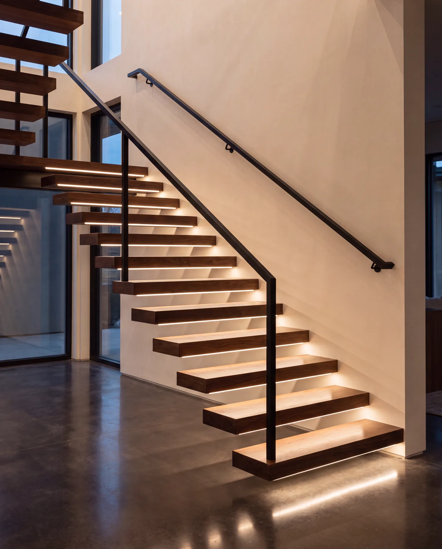 Floating walnut staircase with warm-white LED recessed under each tread nosing
