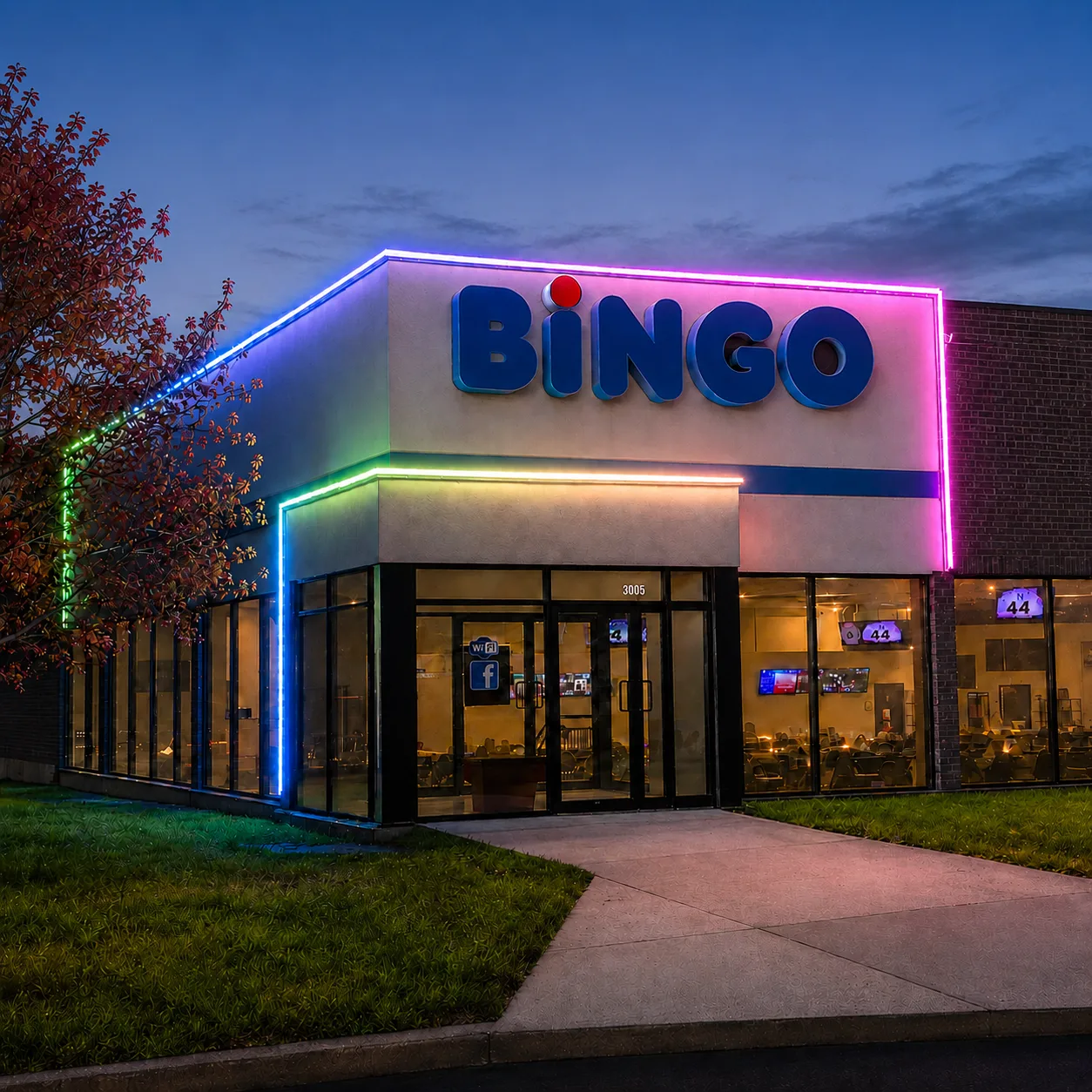 Commercial building facade traced with permanent LED lighting after dark