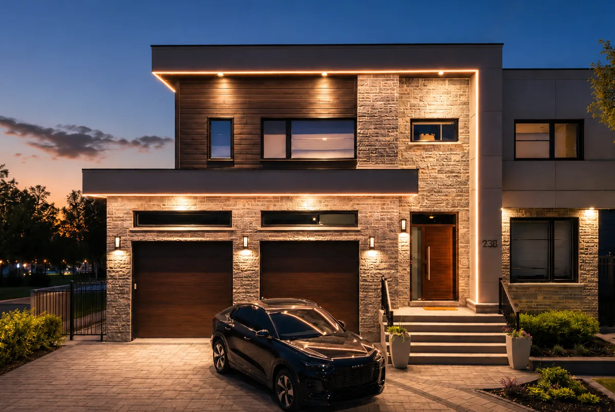 A modern home at dusk outlined by a single continuous warm-white light bar with no visible dots