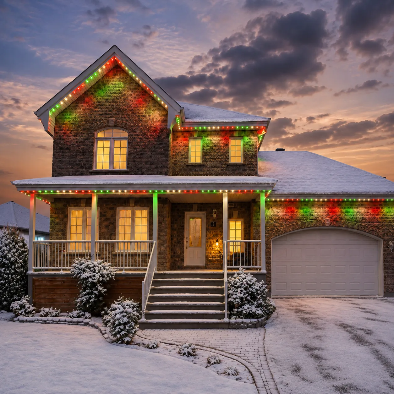 Brick home with its rooflines, gable and porch traced in red, green and white holiday lighting, snow on the ground at dusk