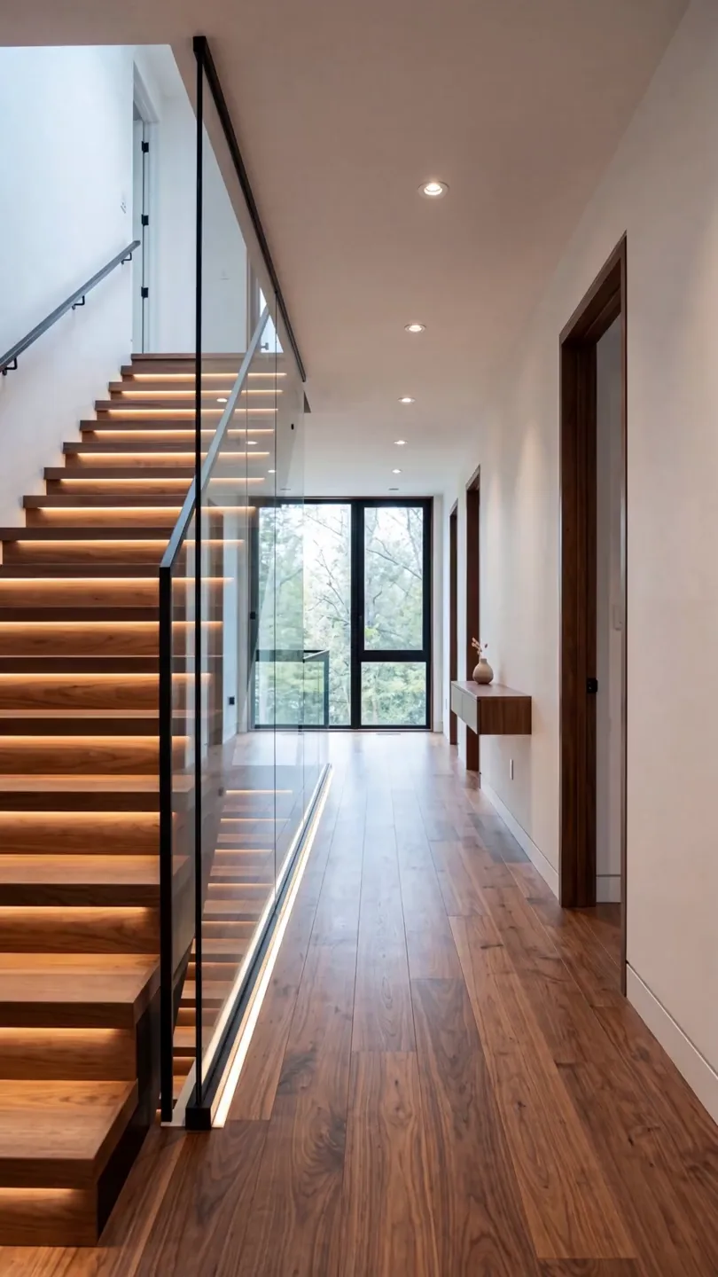 Floating walnut and glass staircase with a warm white LED strip recessed under the nose of every tread
