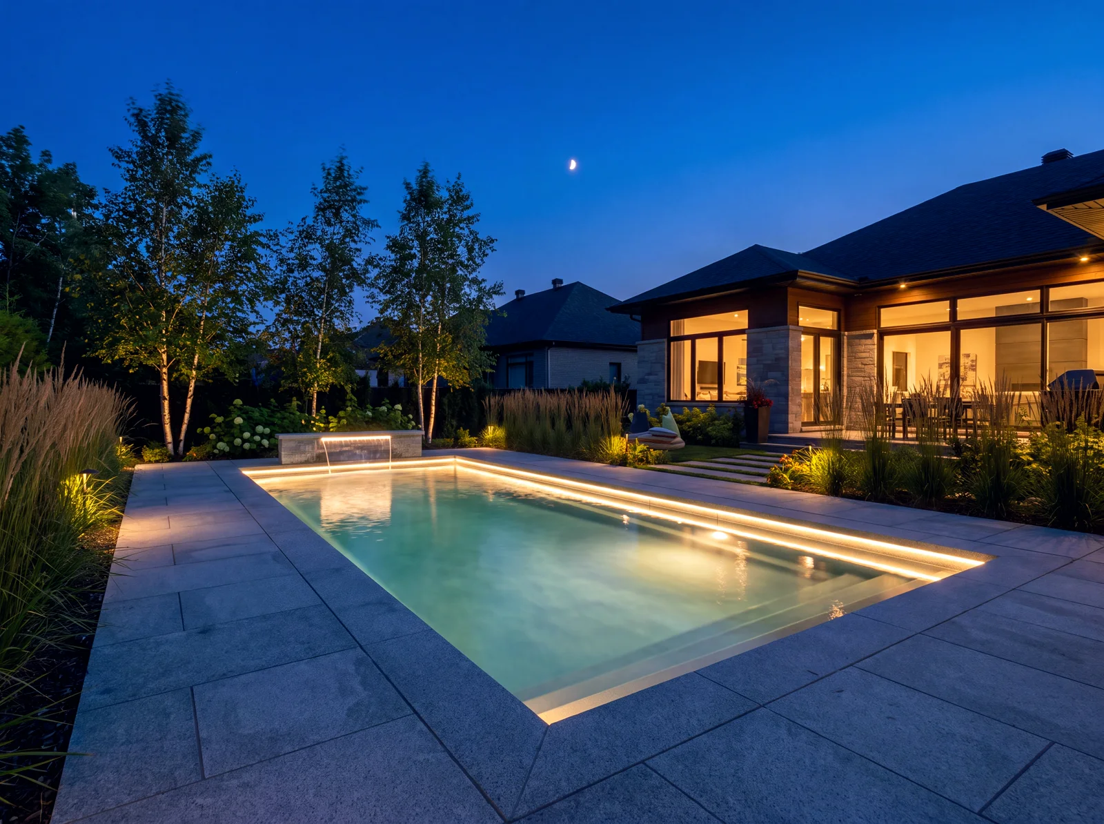 Backyard water feature with warm-white LED lighting and soft reflections at dusk