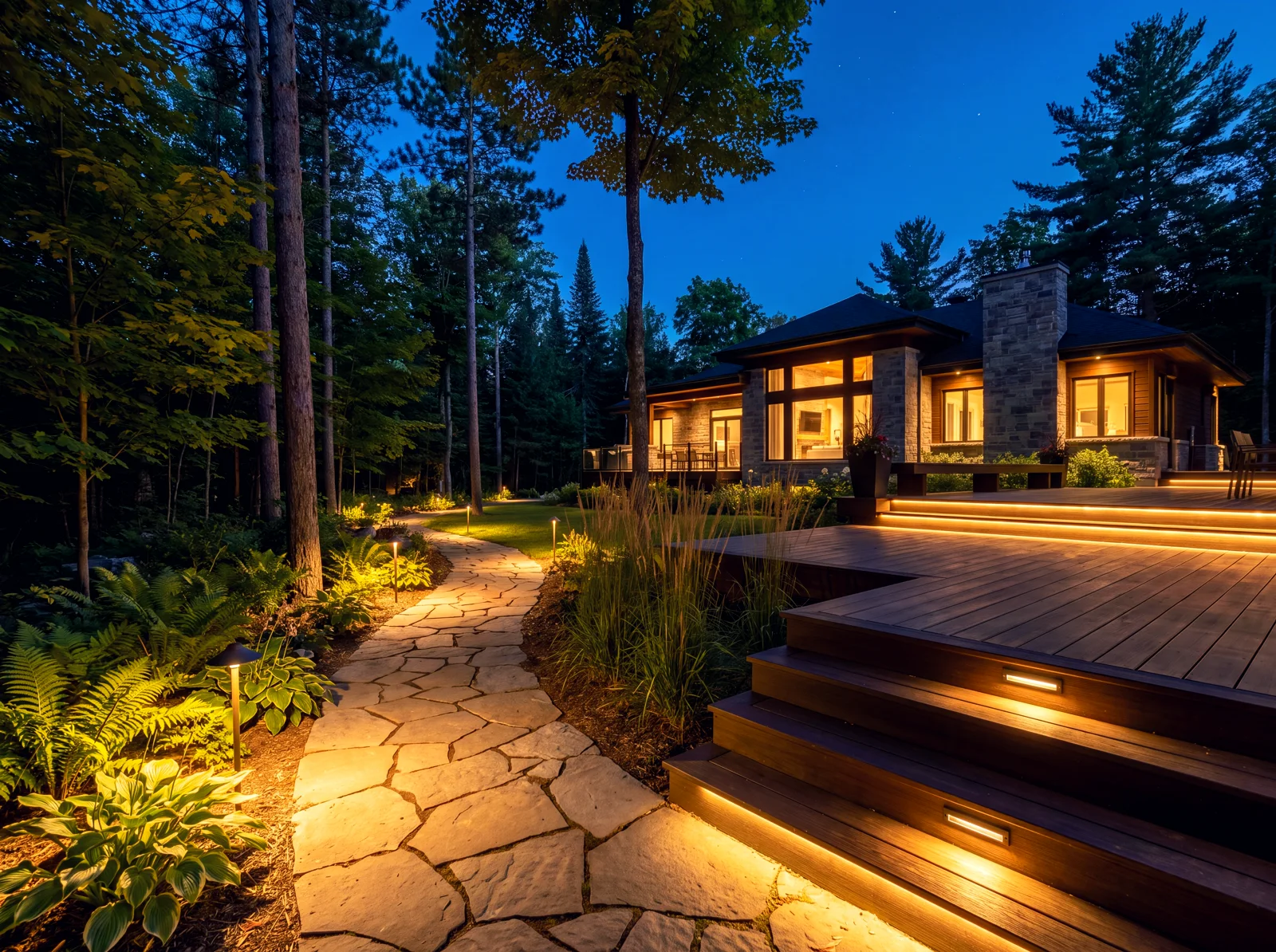 Landscape LED lighting — path, trees, and deck at dusk