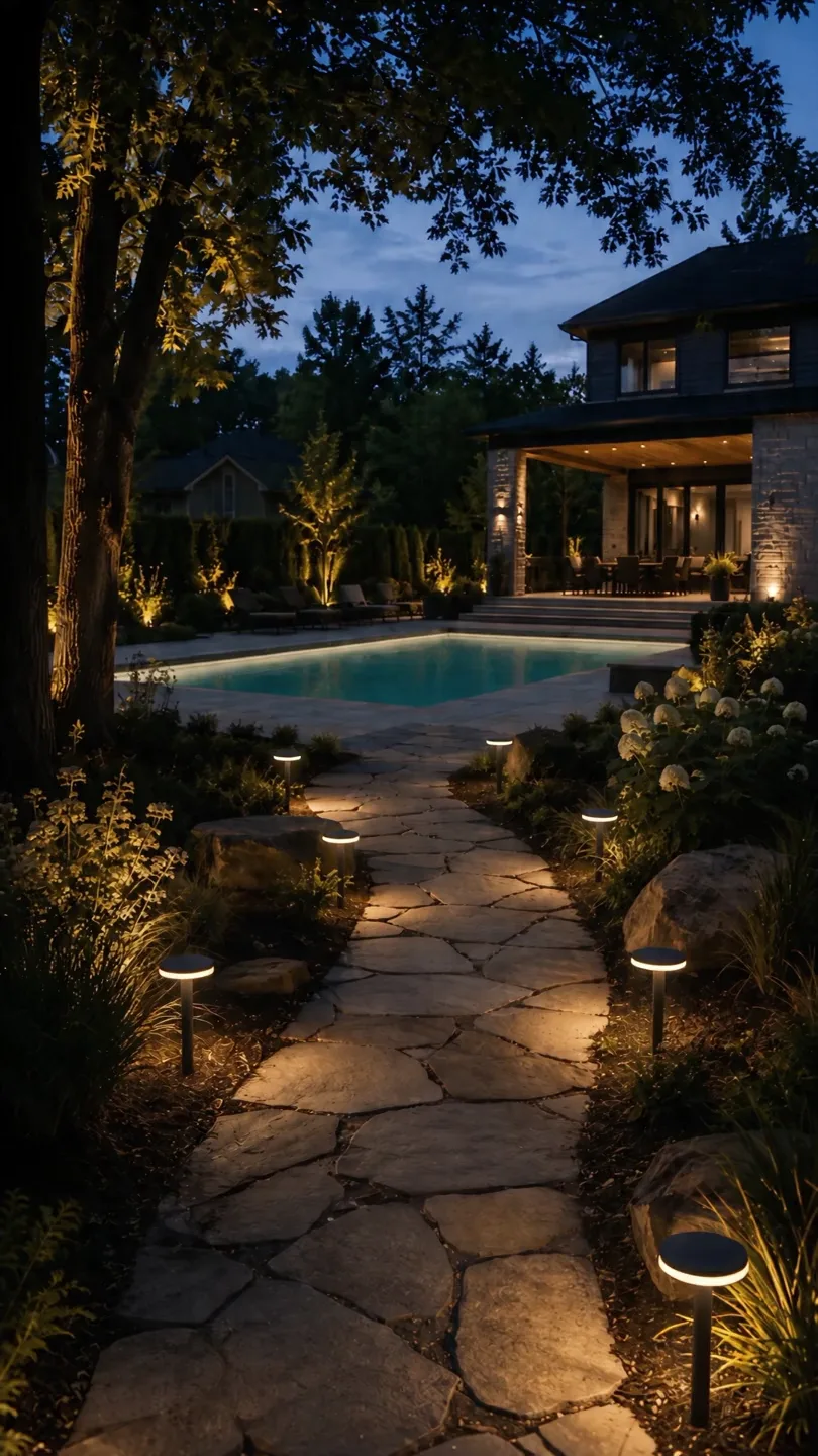 Stone path lit by staggered ground fixtures leading past a pool toward a lit backyard and home