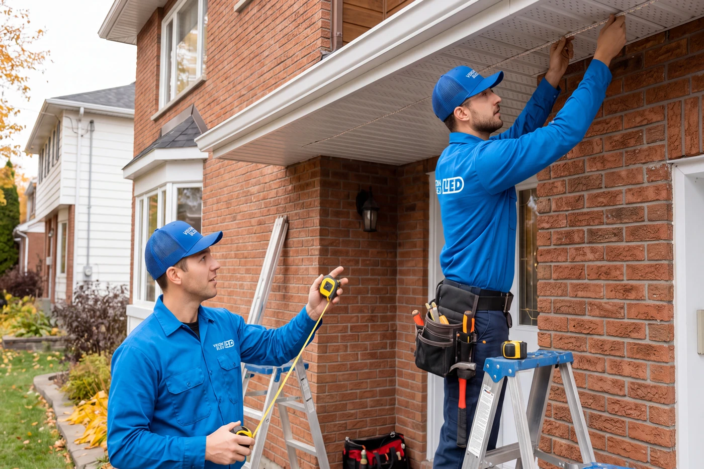 Two Vision Bleu technicians in daylight measuring and fastening an LED channel under the soffit of a brick home