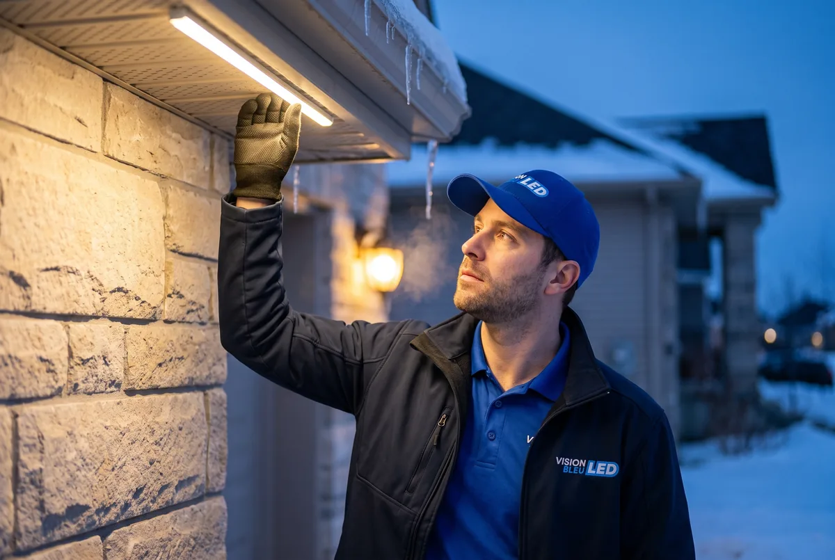 A Vision Bleu technician in a branded cap and jacket checking a lit LED light bar under the soffit of a snow-covered home at dusk