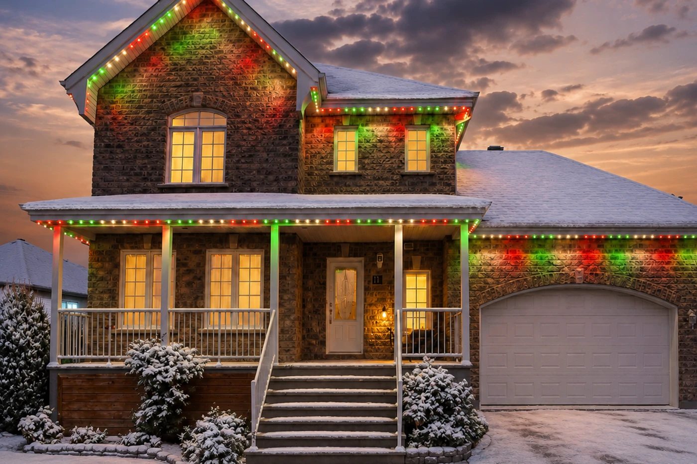 A snow-covered brick home at sunset with the roofline and porch outlined in red, green and white holiday colours