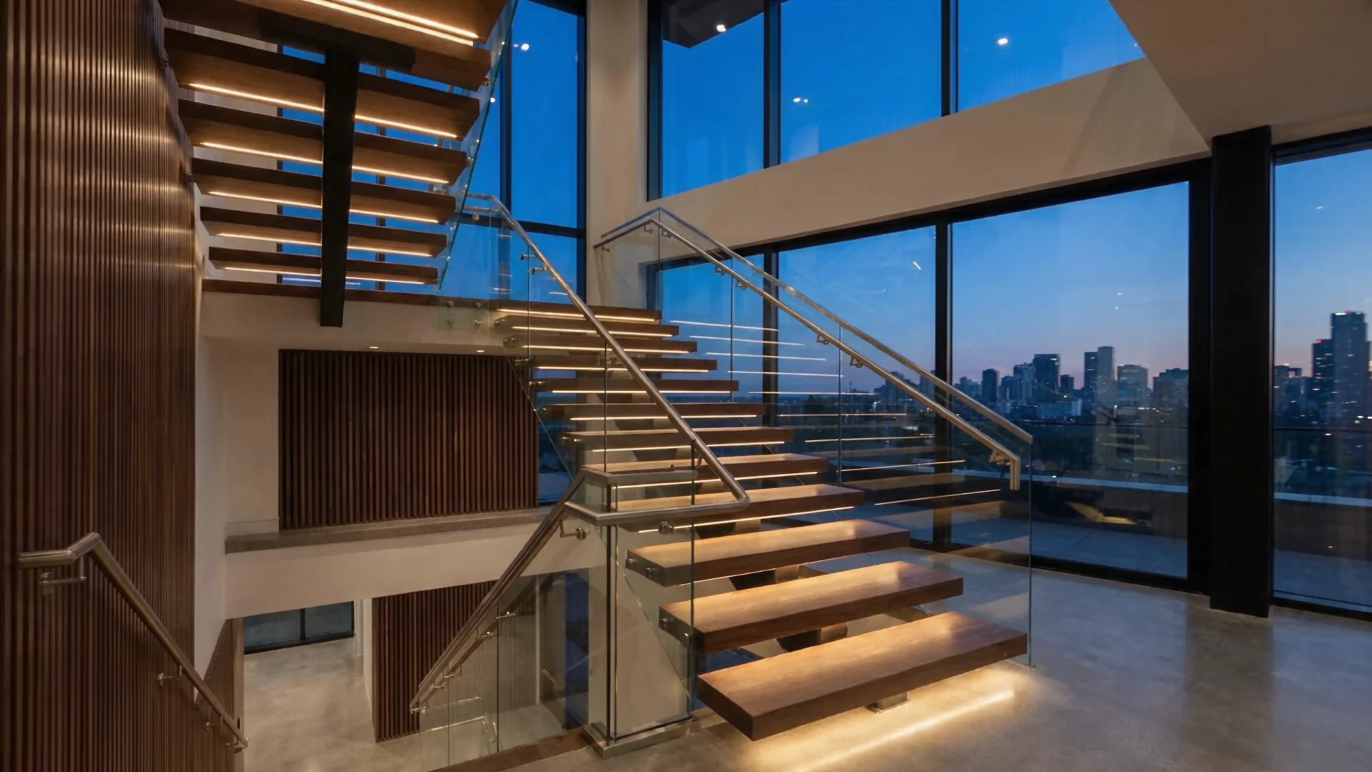 Floating walnut staircase at dusk with every tread lit from beneath, glass balustrade and a full-height window onto the city