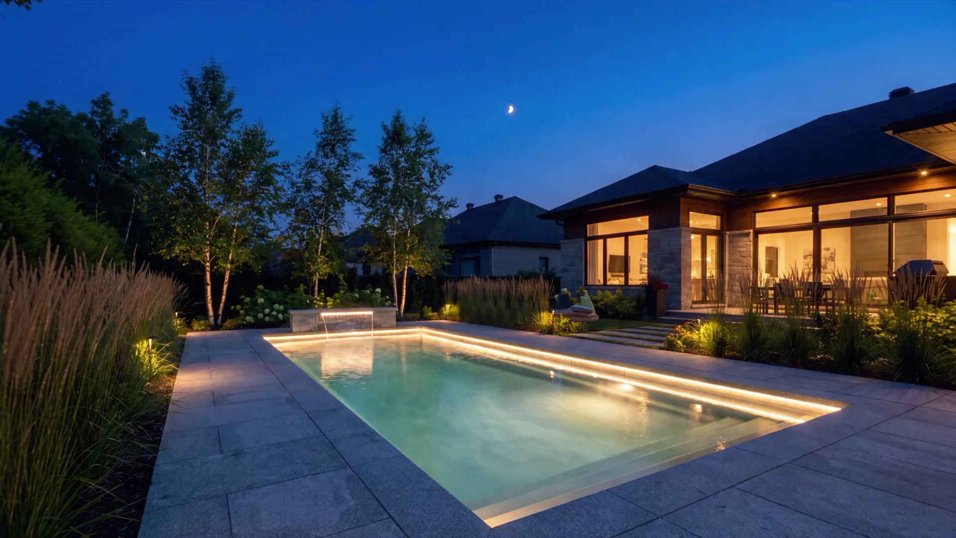 Back yard at dusk: a pool rimmed with warm LED, a lit water feature, uplit grasses and trees, and a contemporary house glowing beyond