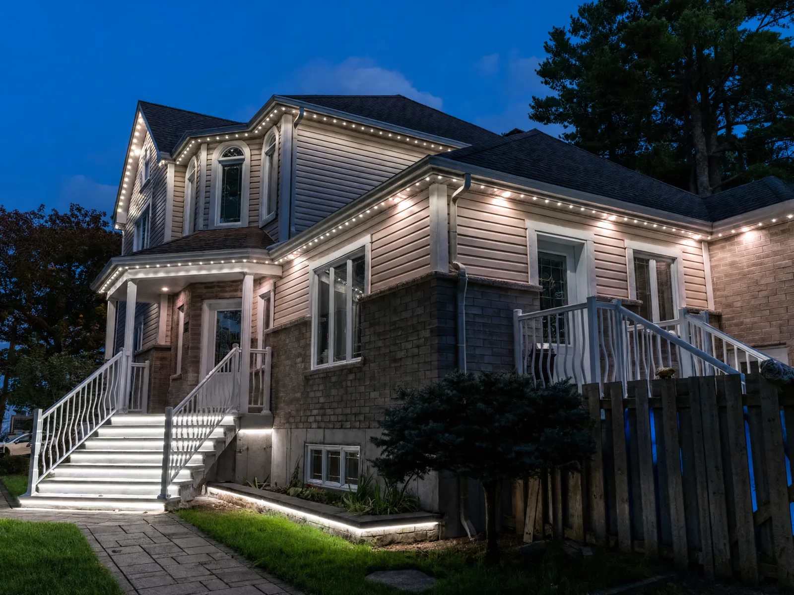 Multi-gable home at dusk with warm-white permanent LED lighting along the rooflines and soft step and garden lighting — a Montréal-area home
